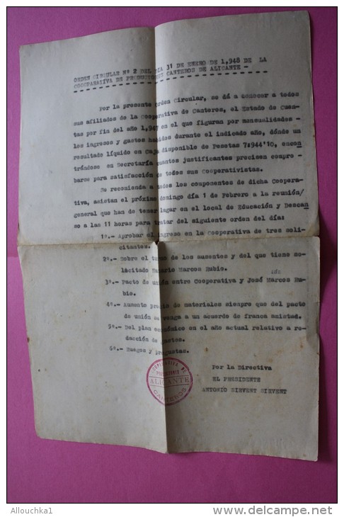 ORDEN CICULAR 1947 COOPERATIVA DE PRODUCTORES  ALICANTE CANTERO ESPANA ESPAGNE DOCUMENTO HISTÓRICO - Documentos Históricos