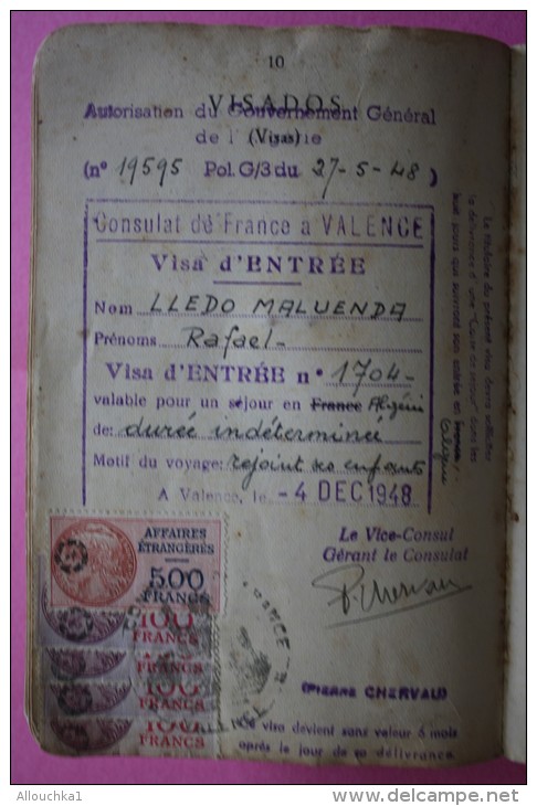 PASSPORT 1948 PASAPORTE ESPANA ESPAGNE DOCUMENTO HISTÓRICO+VIGNETTE VISA FISCAUX 900fr MINISTERE AFFAIRES ETRANGERE - Documentos Históricos