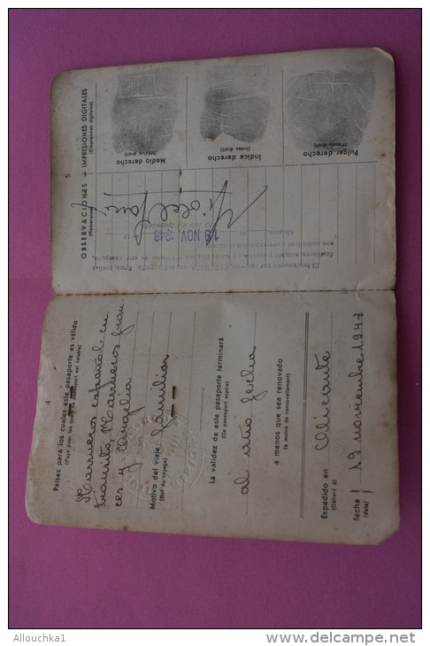 PASSPORT 1948 PASAPORTE ESPANA ESPAGNE DOCUMENTO HISTÓRICO+VIGNETTE VISA FISCAUX 900fr MINISTERE AFFAIRES ETRANGERE
