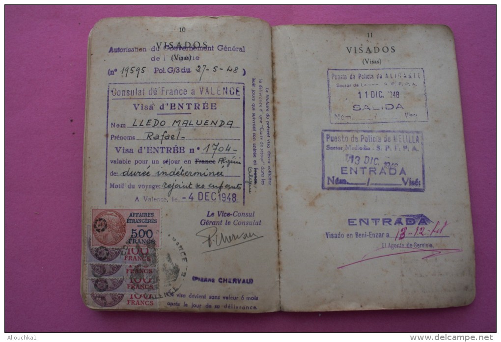 PASSPORT 1948 PASAPORTE ESPANA ESPAGNE DOCUMENTO HISTÓRICO+VIGNETTE VISA FISCAUX 900fr MINISTERE AFFAIRES ETRANGERE