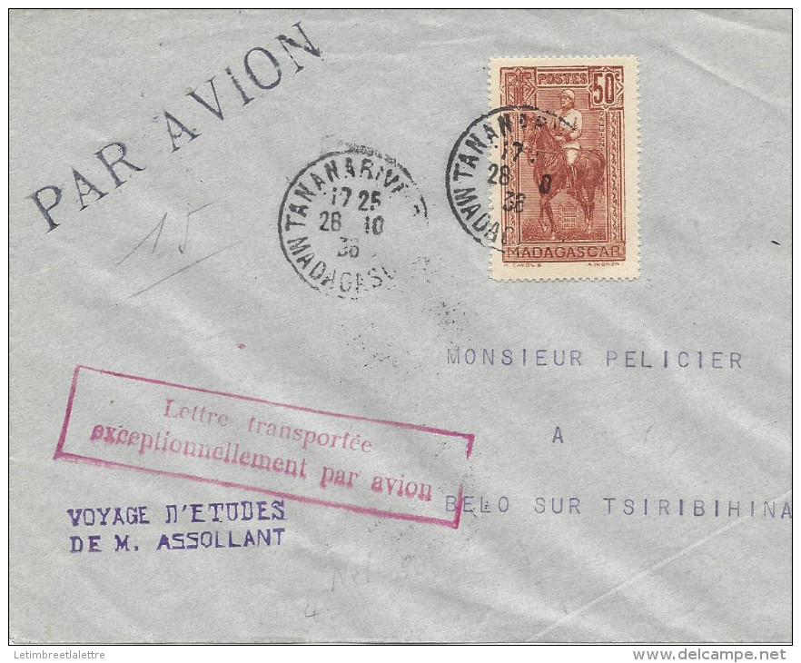 28-10-1936, Tananarive - Belo Sur Tsiribihina Voyage D'études Assolant - 1927-1959 Covers & Documents