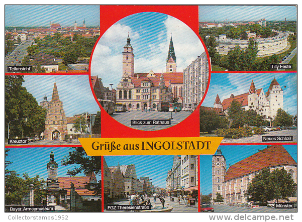 22063- INGOLSTADT- PANORAMAS, FORTRESS, TOWN HALL SQUARE, GATE, CASTLE, MUSEUM, CATHEDRAL, CAR - Ingolstadt