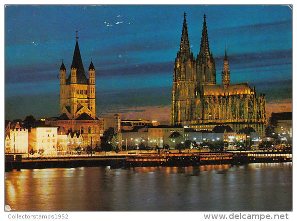 22069- KOLN- THE CATHEDRAL AND ST MARTIN CHURCH BY NIGHT, SHIPS - Koeln
