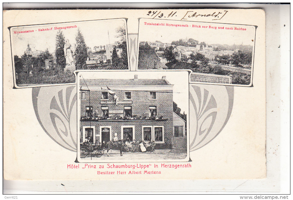 5120 HERZOGENRATH, Hotel "Prinz Zu Schaumburg-Lippe", Bahnhof, Blick Nach Rolduc, 1911 - Herzogenrath