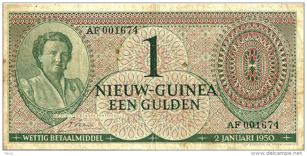 NETHERLANDS NEW GUINEA 1 GULDEN GREEN QUEEN HEAD FRONT MOTIF BACK  P.4 DATED 02-01-1950 AVF READ DESCRIPTION !! - Nouvelle Guinée Néerlandaise