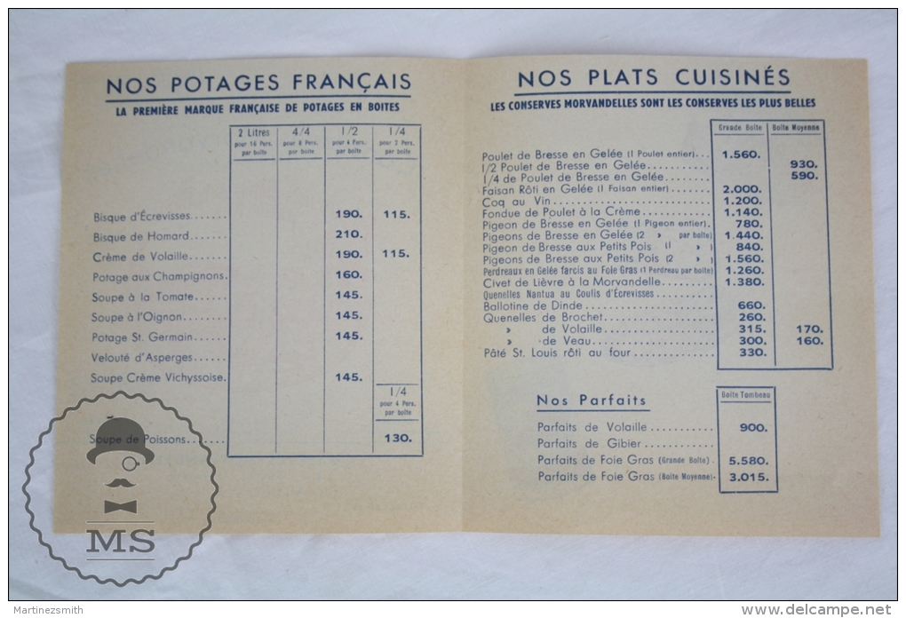 Old 1953 France Advertising Brochure/ Leaflet - Conserves Morvandelles - Les Grands Hotels De La Route Paris - Nice - Otros & Sin Clasificación