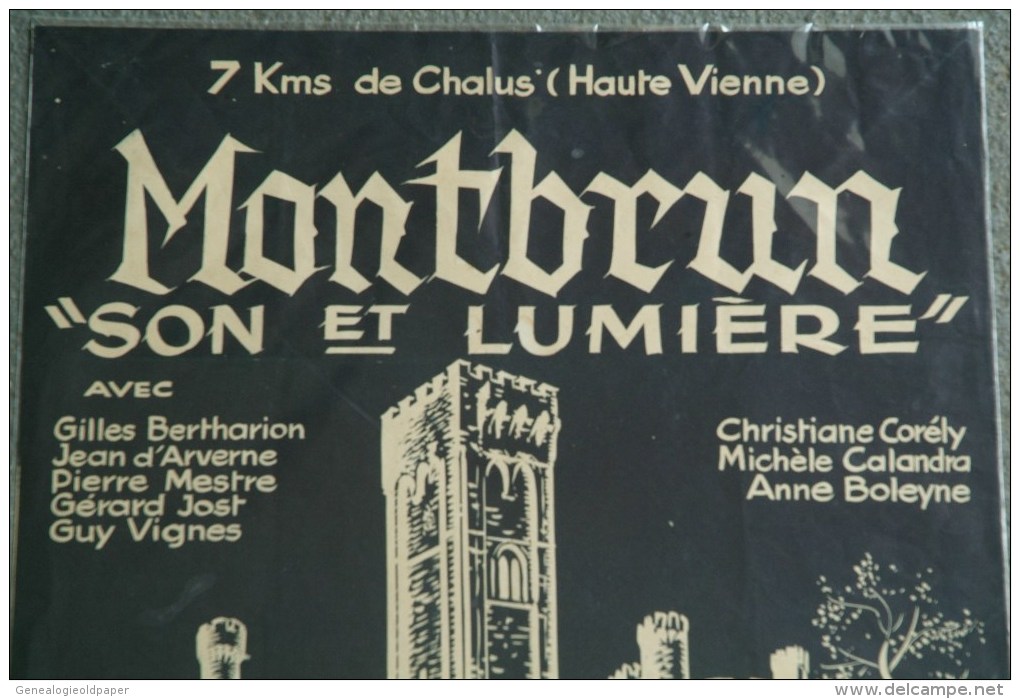 87 - RARE AFFICHE CHATEAU DE MONTBRUN- SON ET LUMIERE REALISATION RENE CROZET- IMPRIMERIE G. DE BUSSAC CLERMONT FERRAND - Posters