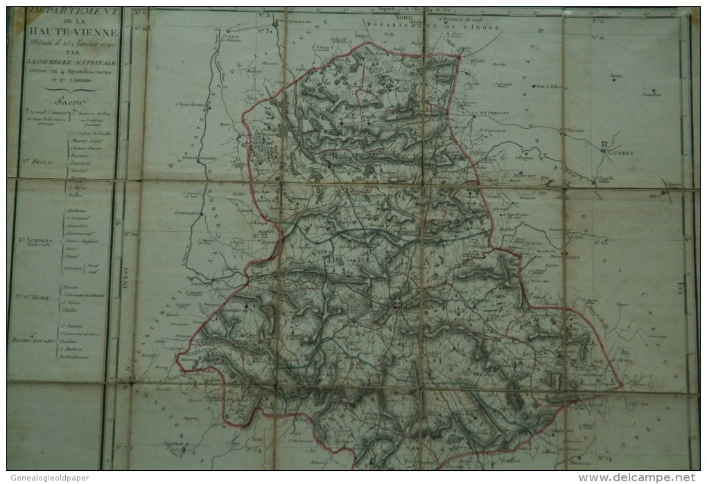 87 - RARE CARTE GEOGRAPHIQUE HAUTE VIENNE LE 25-01-1790 PAR ASSEMBLEE NATIONALE-LIMOGES-SAINT JUNIEN-BELLAC-SAINT YRIEIX - Cartes Géographiques