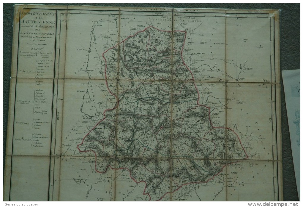 87 - RARE CARTE GEOGRAPHIQUE HAUTE VIENNE LE 25-01-1790 PAR ASSEMBLEE NATIONALE-LIMOGES-SAINT JUNIEN-BELLAC-SAINT YRIEIX - Mapas Geográficas
