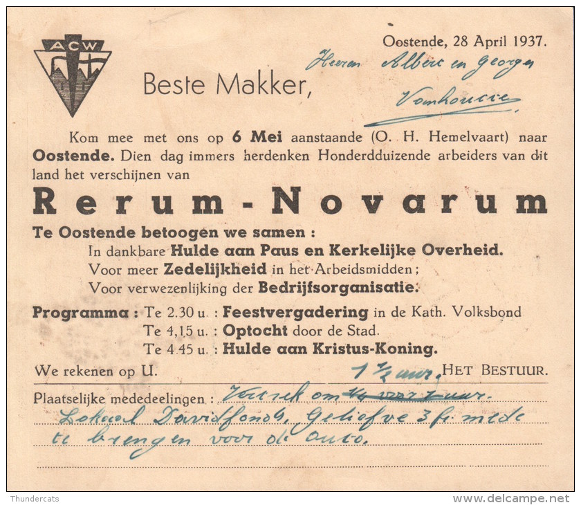 RERUM NOVARUM 1937 OOSTENDE OSTENDE - Autres & Non Classés