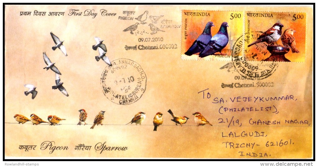 India, 2010, BIRDs, PIGEON & SPARROW, Transmitted First Day Cover, Bird, Fauna, Nature, Sparrow, Pigeon. - Moineaux