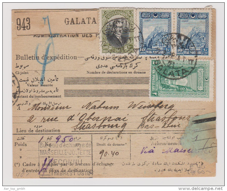 TÜRKEI 1928-03-05 Paketkarte Von Galata Nach Strassburg - Cartas & Documentos