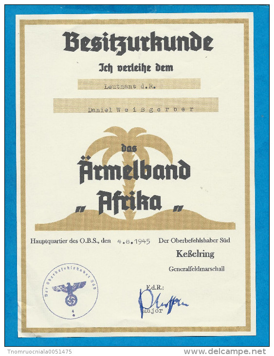 Rare BESITZURKUNDE  Das ÄRMELBAND AFRIKA - 1939-45