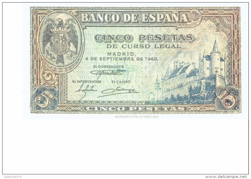 SPAIN 1940- REPLICA REPRODUCCION -ALCAZAR DE SEGOVIA - ESCUDO PAPER BILL OF 5 PTAS ISSUED SEP 4, 1940, RE35.2 PERFECT - [ 8] Falsi & Saggi