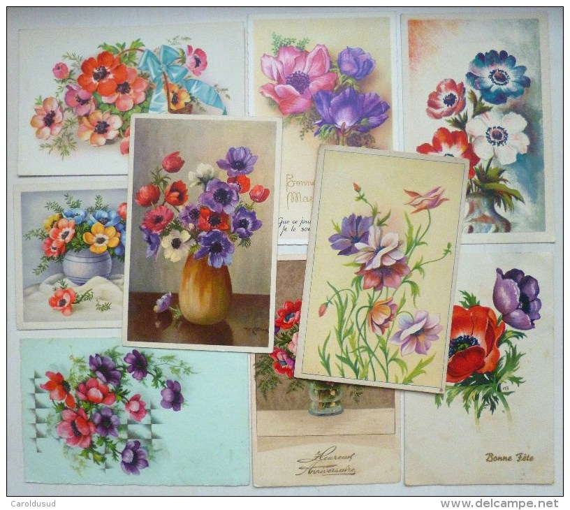 CPA Lot 9x Litho Illustrateur Divers THEME FLEURS Fleur Anemone Anemones Voir Photos - Collections & Lots