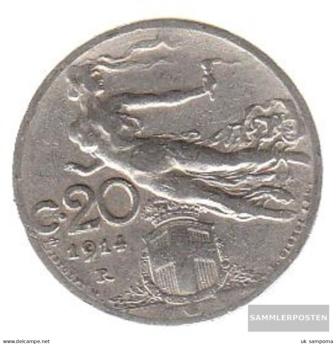 Italy Km-number. : 44 1908 Extremely Fine Nickel Extremely Fine 1908 20 Centesimi Head With Weizenähre - 1900-1946 : Vittorio Emanuele III & Umberto II