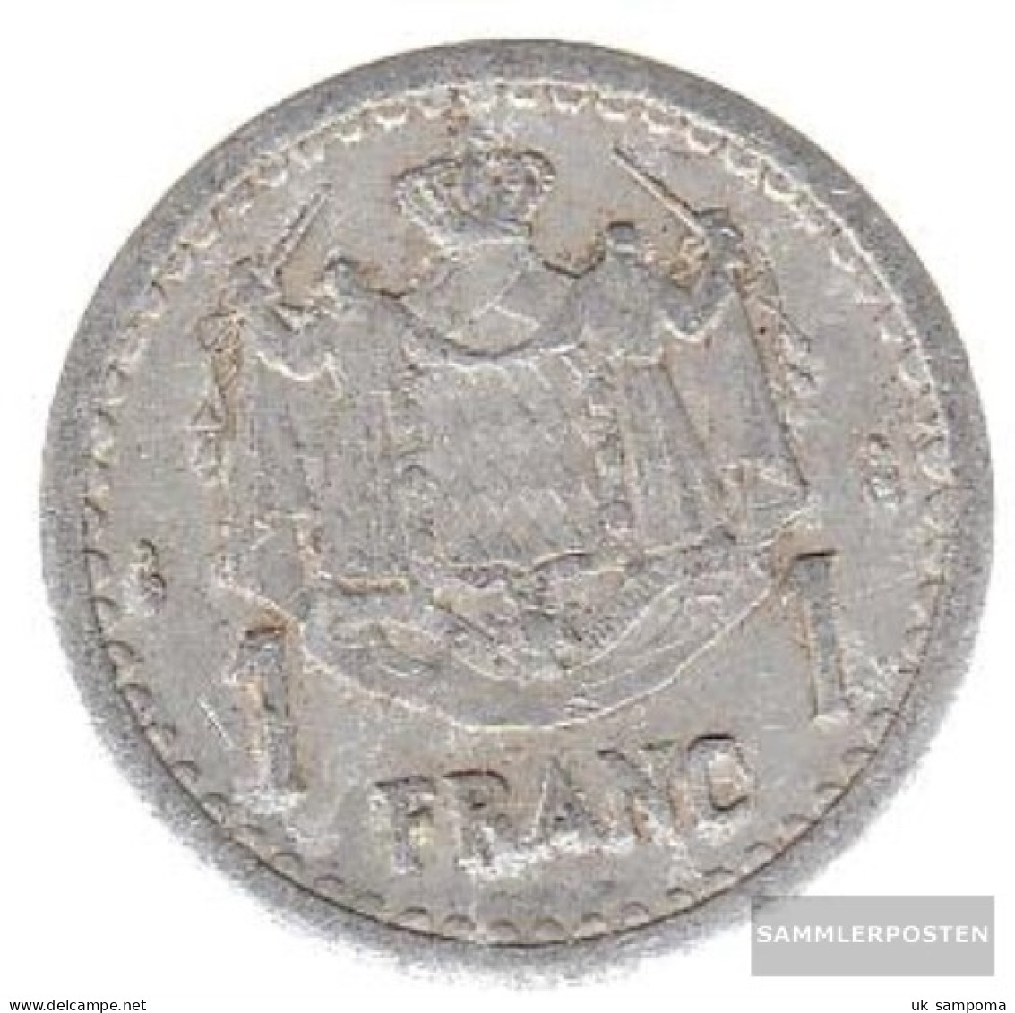 Monaco Km-number. : 120 1943 Very Fine Aluminum Very Fine 1943 1 Franc Louis II. - 1922-1949 Louis II.