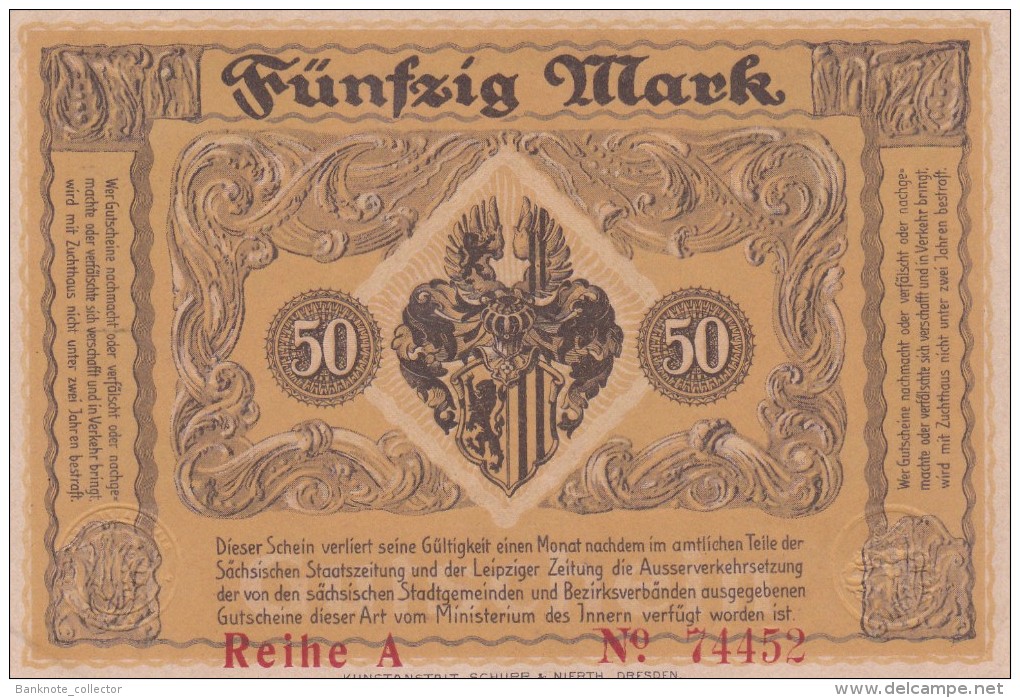 Deutschland, Germany, Sächsischer Gutschein Der Stadt Dresden, Set - 5, 20 & 50 Mark,  ( Reihe F & U & A ) UNC, 1918 ! - 50 Mark