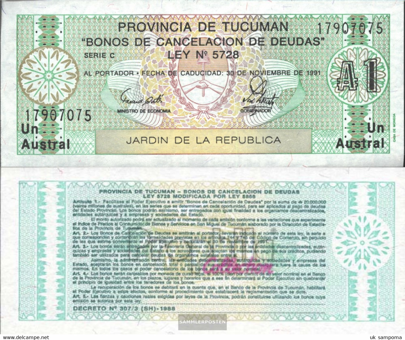 Argentina Pick-number: S2711b Uncirculated 1991 1 Australian - Argentina