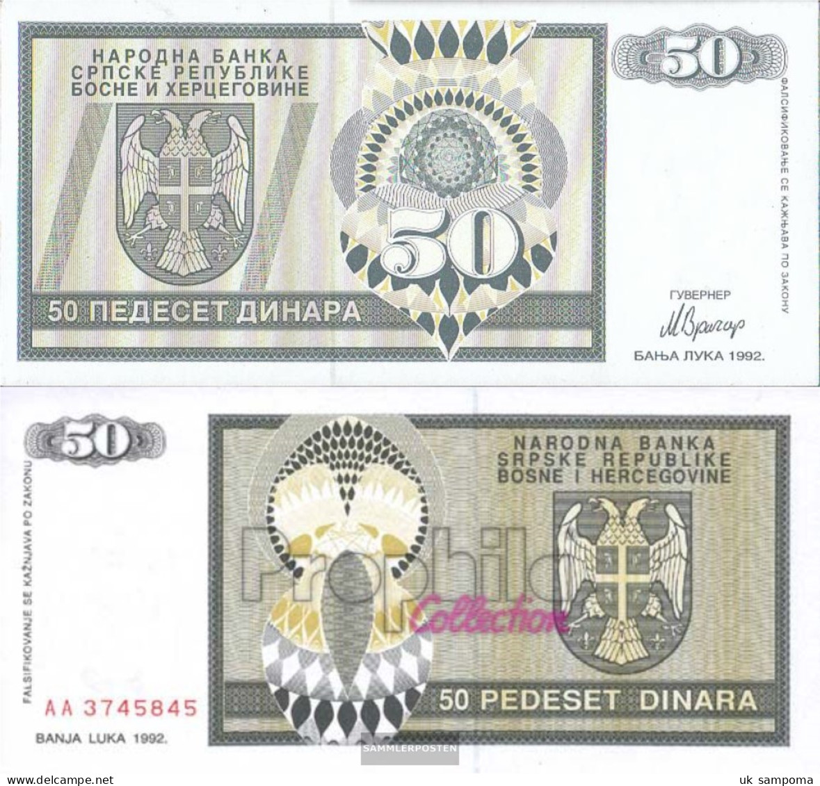 Bosnia-Herzegovina Pick-number: 134a Uncirculated 1992 50 Dinara - Bosnia And Herzegovina