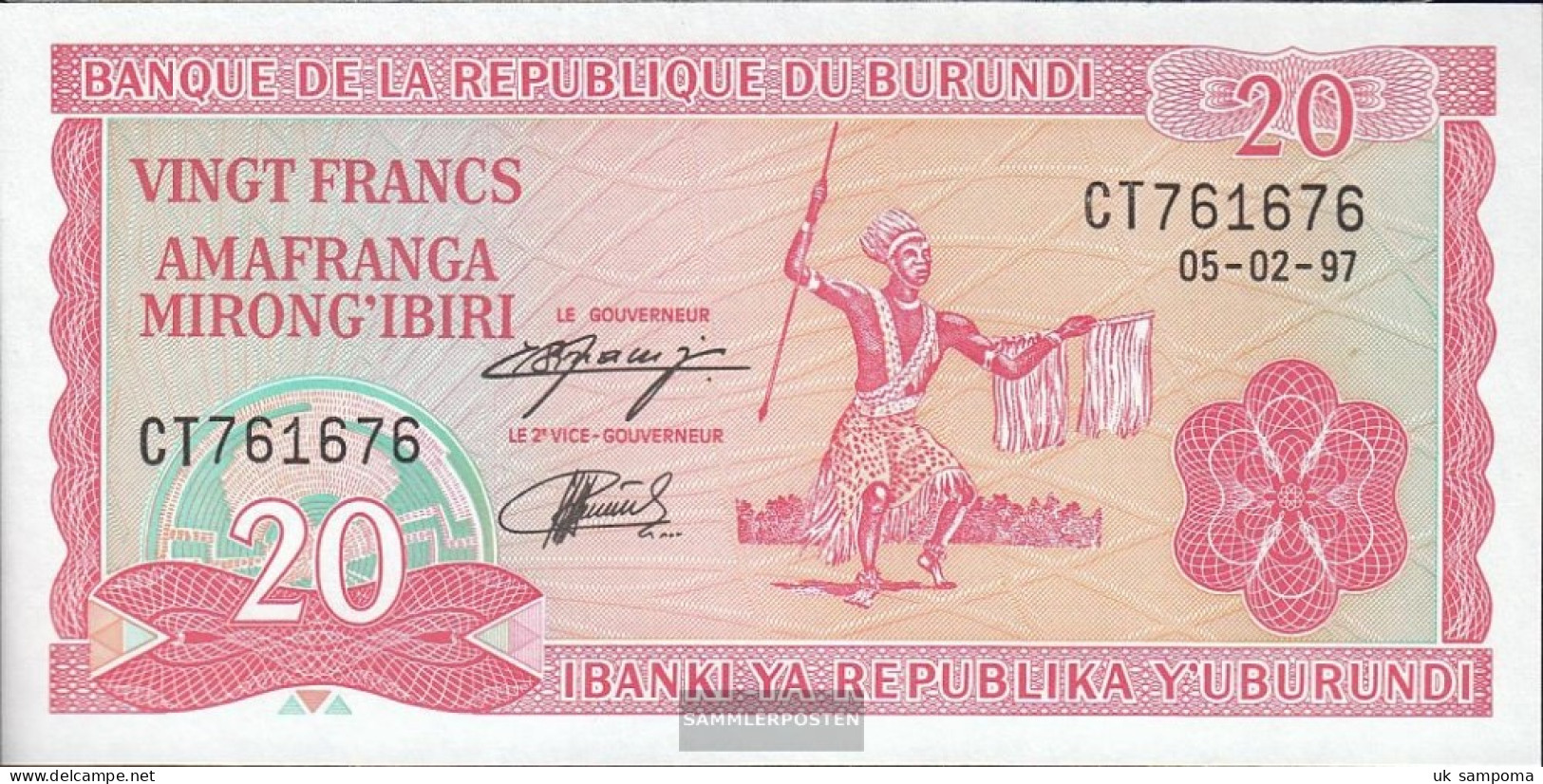 Burundi Pick-number: 27d (1997) Uncirculated 1997 20 Francs - Burundi