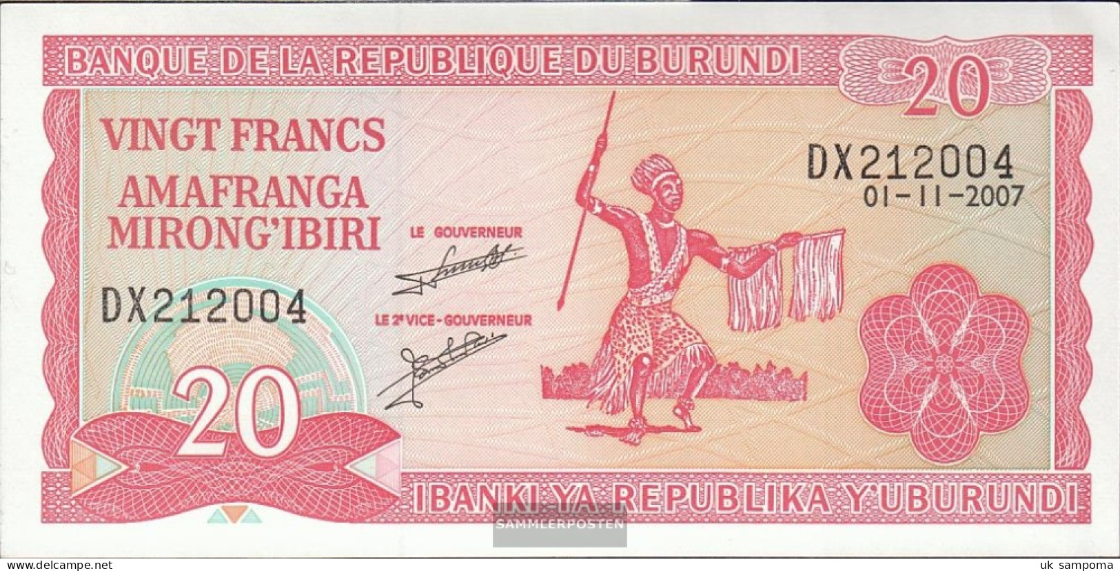 Burundi Pick-number: 27d (2007) Uncirculated 2007 20 Francs - Burundi
