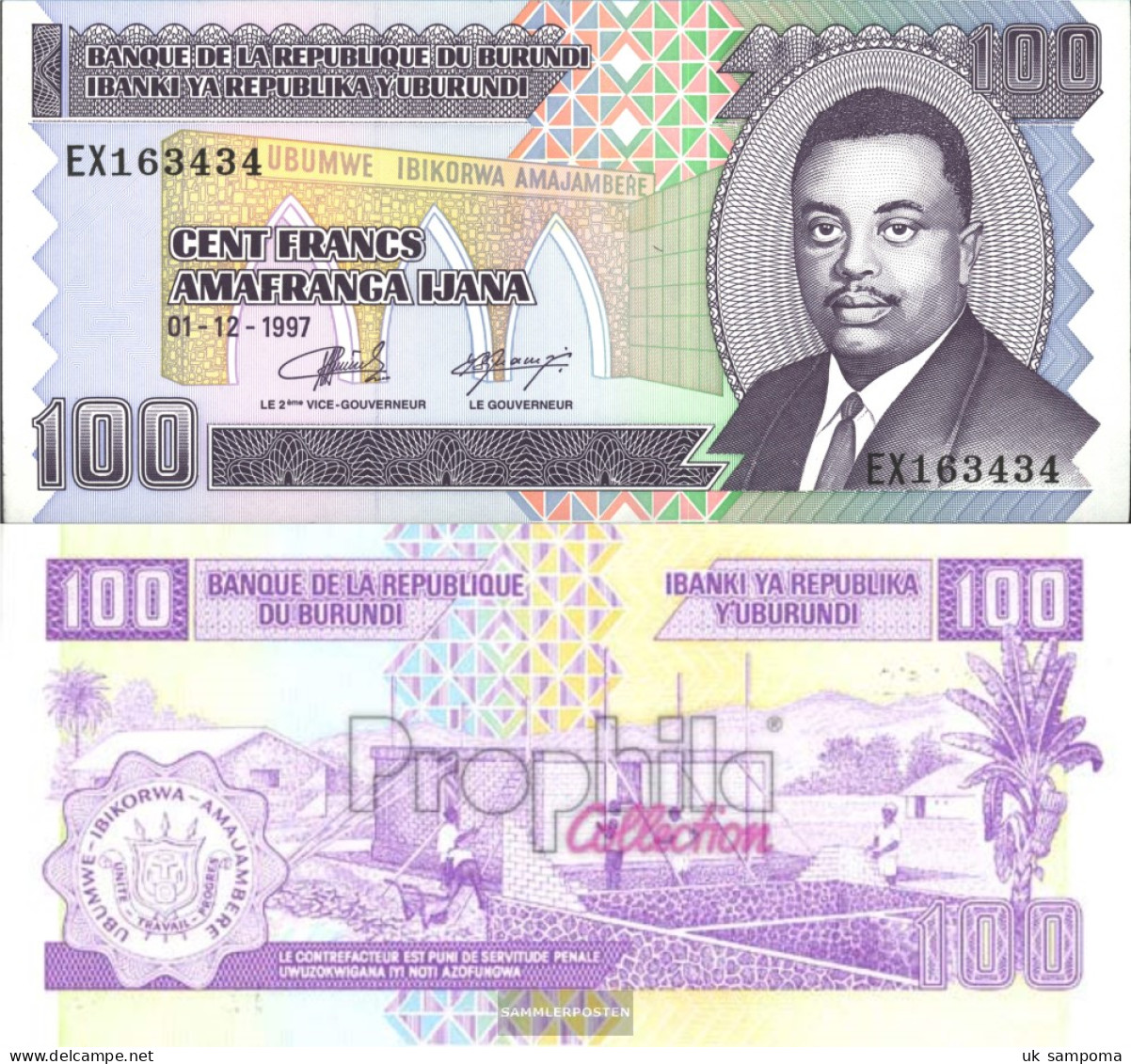 Burundi Pick-number: 37b Uncirculated 1997 100 Francs - Burundi