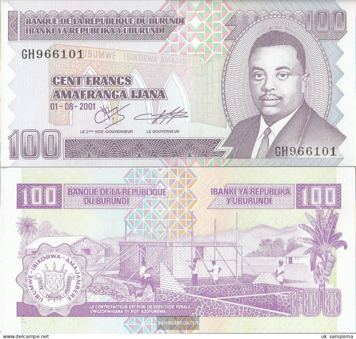 Burundi Pick-number: 37c Uncirculated 2001 100 Francs - Burundi