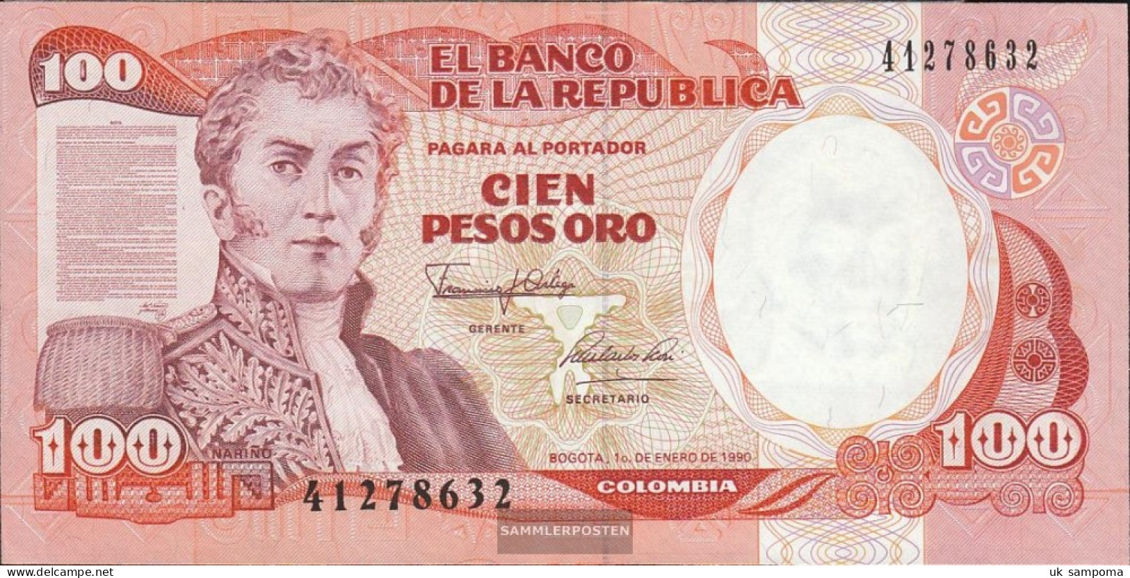 Colombia Pick-number: 426e (1991) Uncirculated 1991 100 Pesos Oro - Kolumbien