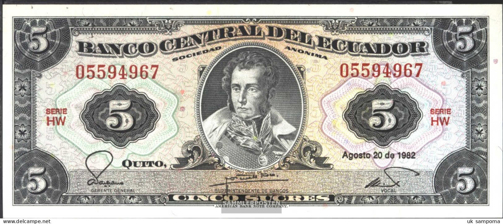 Ecuador Pick-number: 108b (1982) Uncirculated 1982 5 Sucres - Ecuador