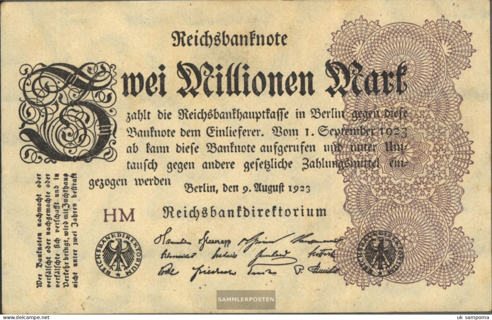 German Empire RosbgNr: 103a WZ. Hakensterne Uncirculated 1923 2 Million Mark - 2 Mio. Mark