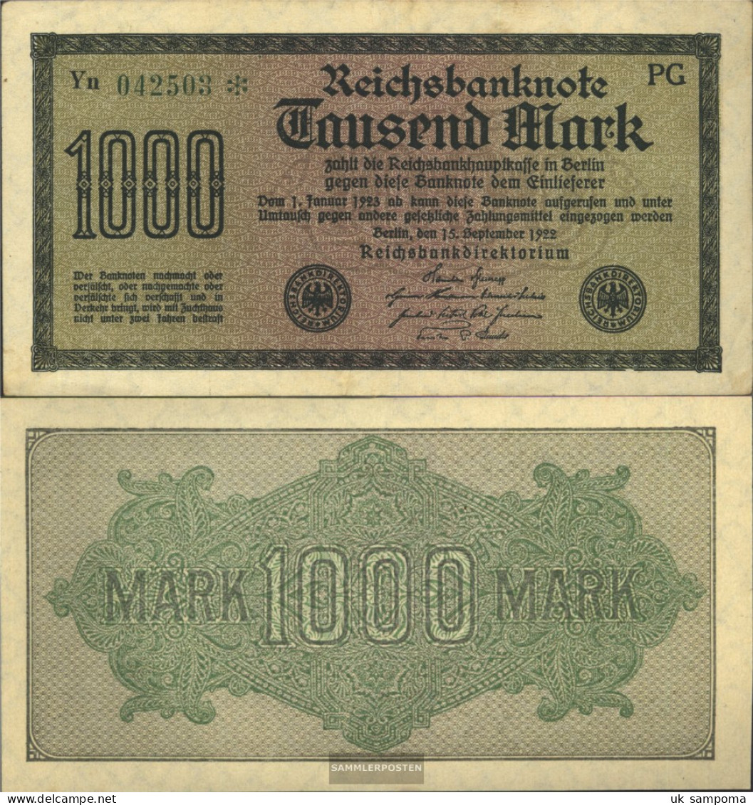 German Empire RosbgNr: 75m, Watermark Grid With 8, Green Kontrollnummer Uncirculated 1922 1.000 Mark - 1000 Mark