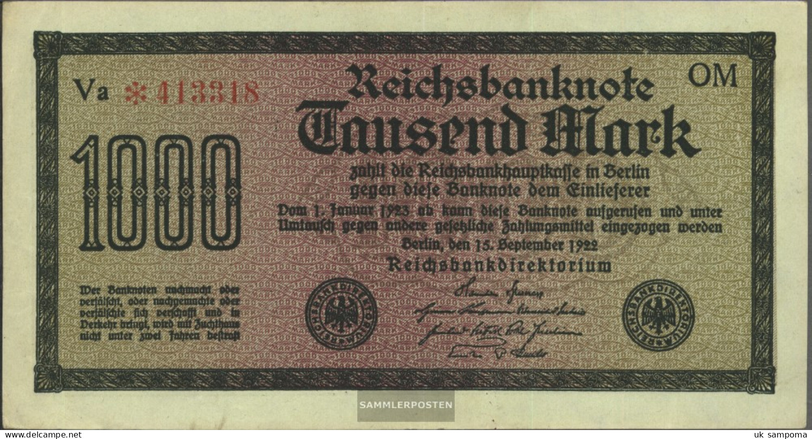 German Empire RosbgNr: 75q, Watermark Shaft 6stellige Kontrollnummer Uncirculated 1922 1.000 Mark - 1.000 Mark