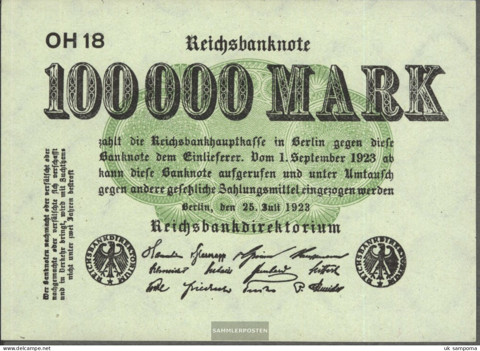German Empire RosbgNr: 90b, Watermark Shaft Uncirculated 1923 100.000 Mark - Théodore Poussin