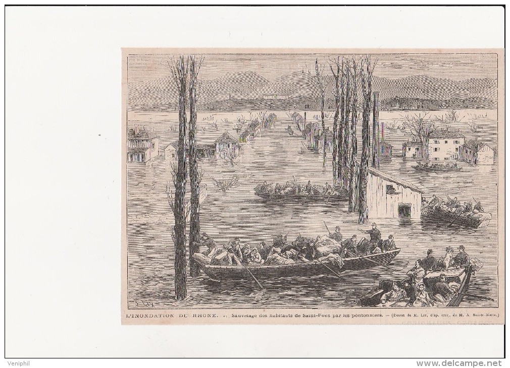 GRAVURE JOURNAL -INONDATION RHONE SAUVETAGE ST FONS  1876 - Sonstige & Ohne Zuordnung