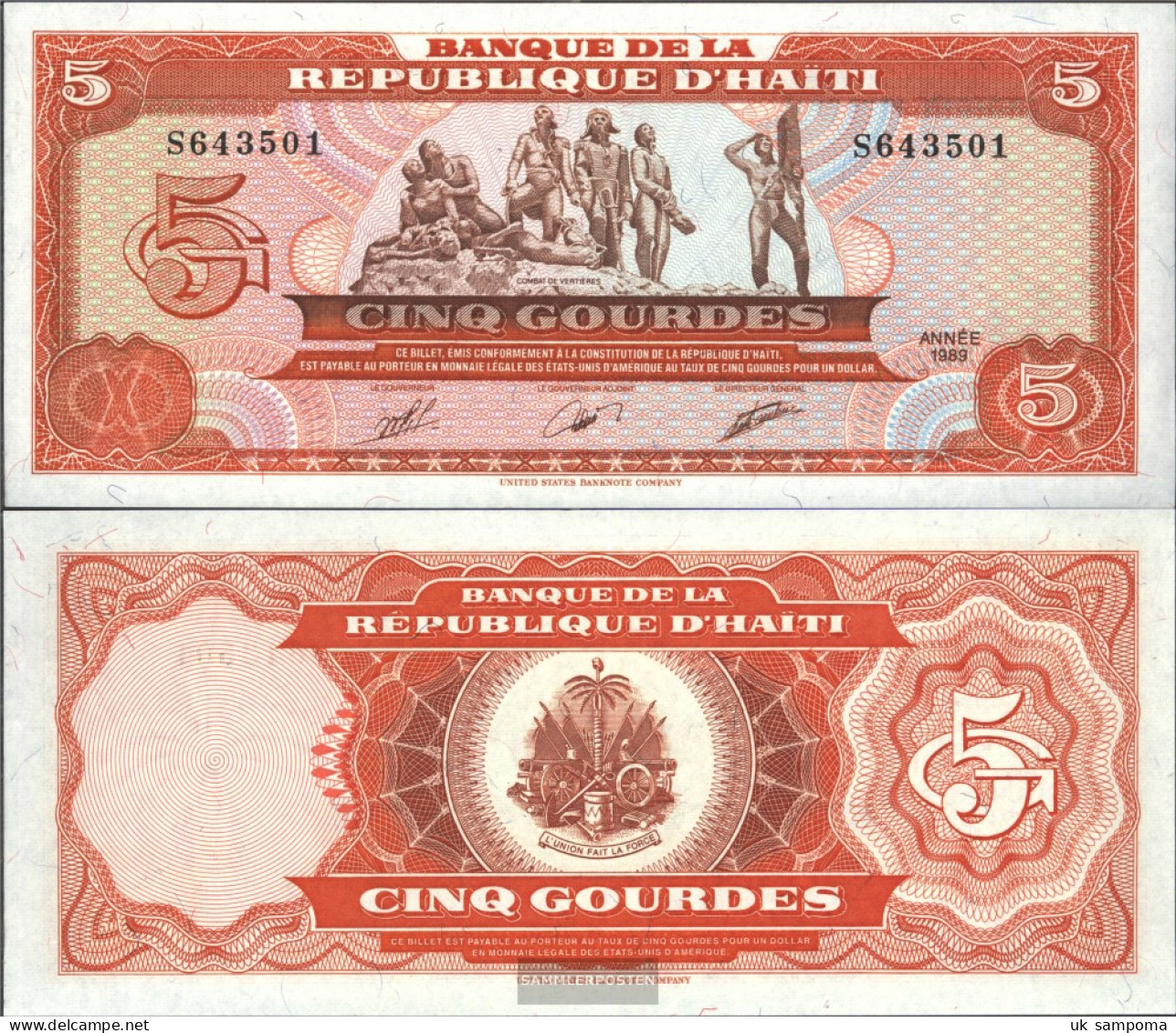 Haiti Pick-number: 255a Uncirculated 1989 5 Gourdes - Haïti