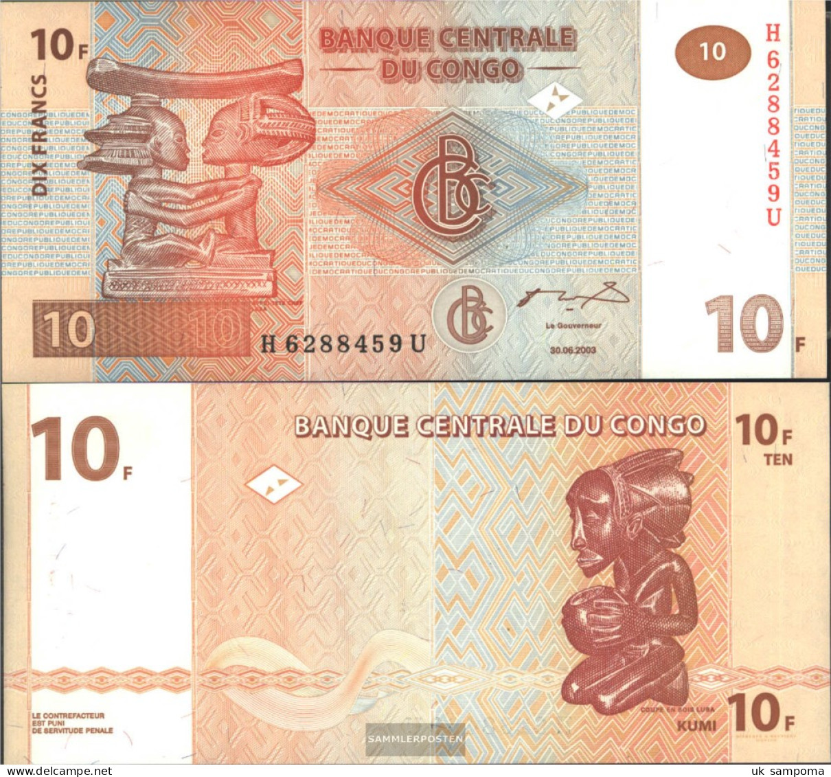 Kongo (Kinshasa) Pick-number: 93A Uncirculated 2003 10 Francs - Ohne Zuordnung