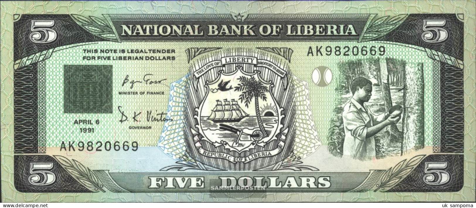 Liberia 20 Uncirculated 1991 5 Dollars - Liberia