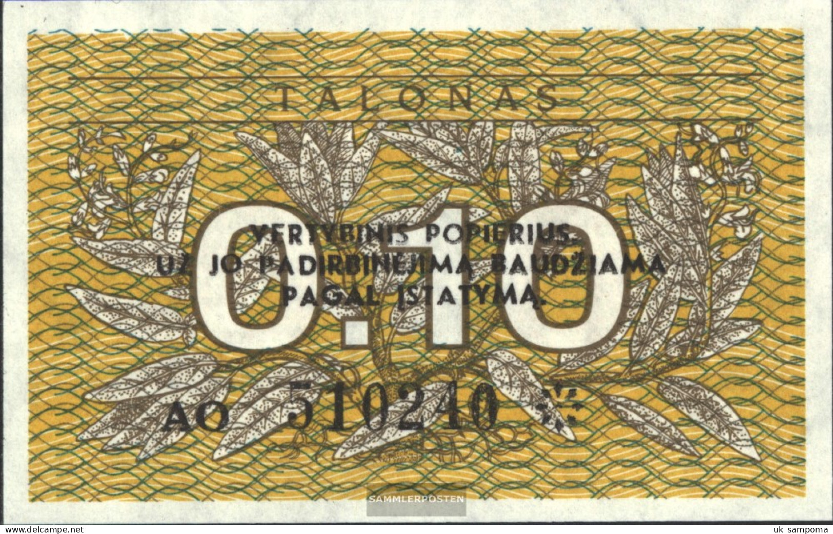 Lithuania Pick-number: 29b Uncirculated 1991 0,10 Talonas - Lituanie