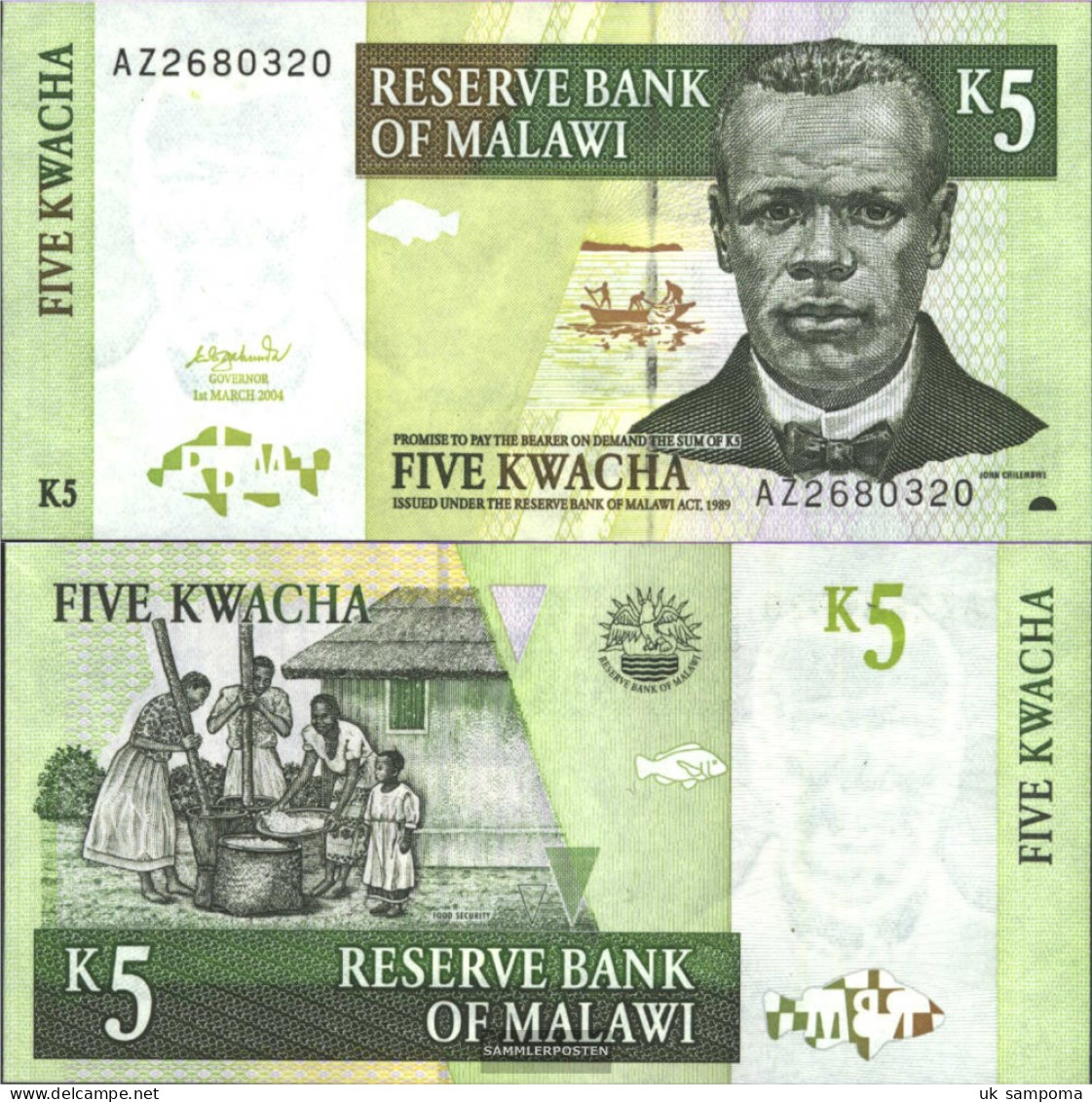 Malawi Pick-number: 36b Uncirculated 2004 5 Kwacha - Malawi