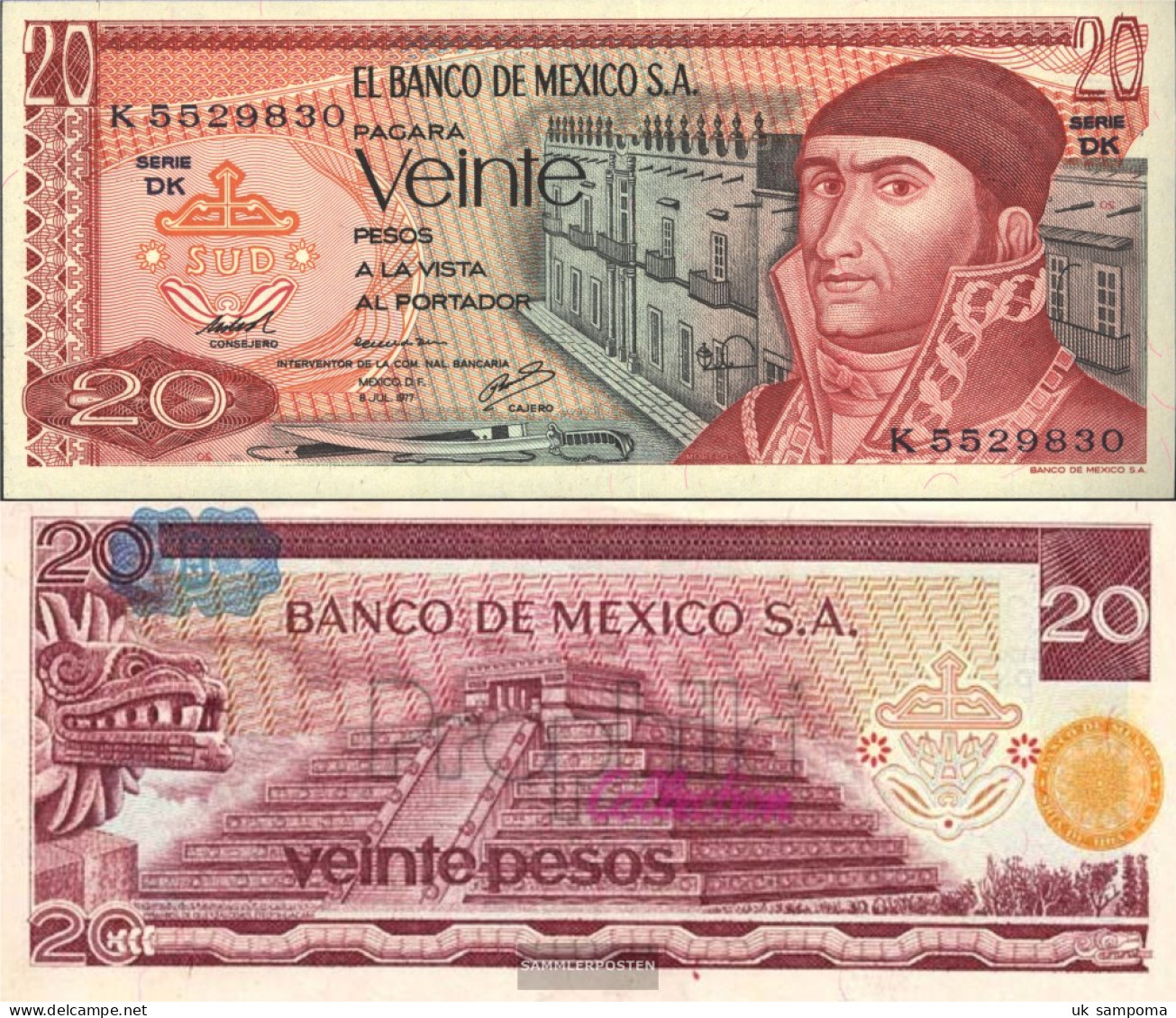 Mexico Pick-number: 64d Uncirculated 1977 20 Pesos - Mexico
