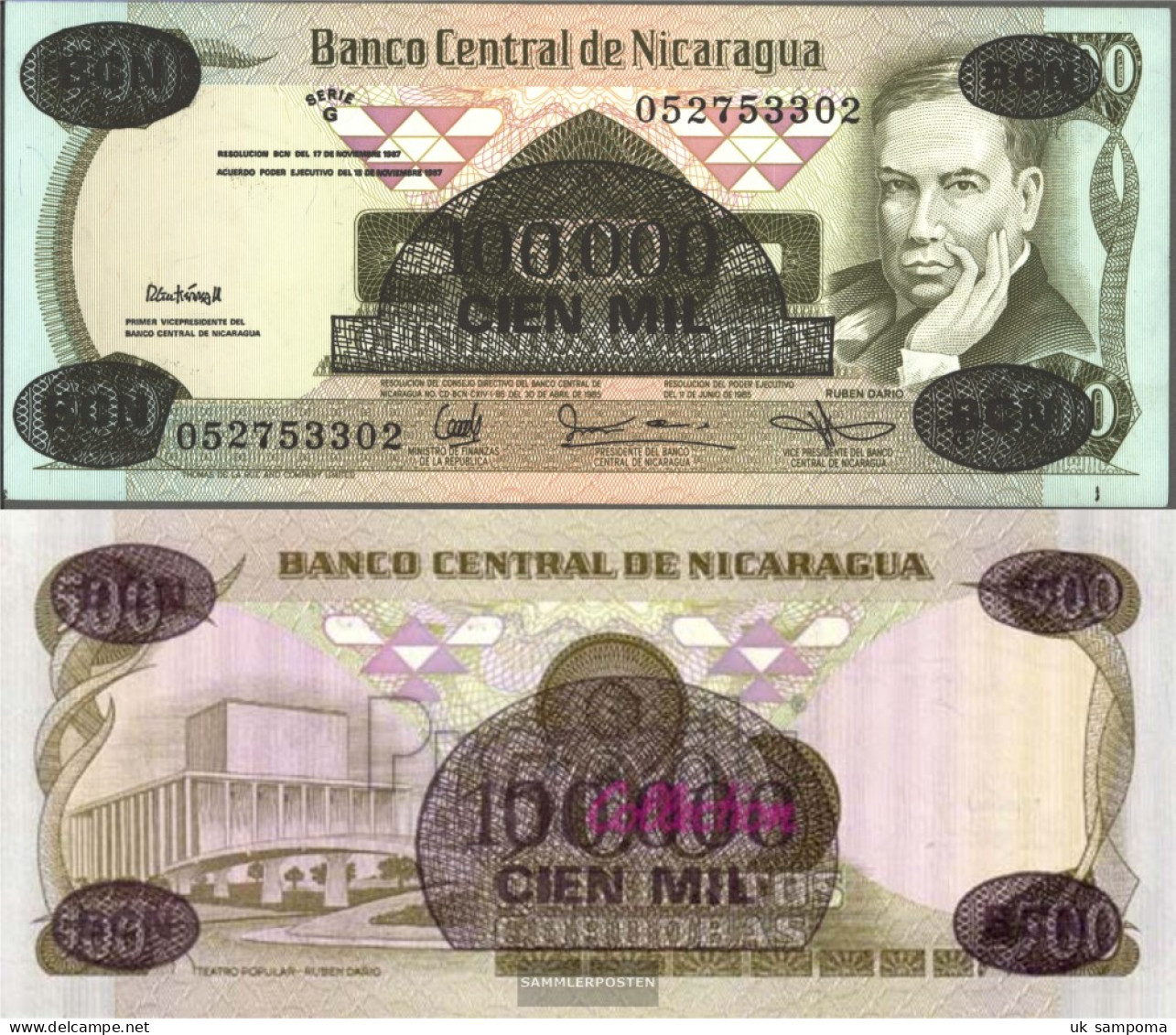 Nicaragua Pick-number: 149 Uncirculated 1987 100.000 Córdobas On 500 Córdobas - Nicaragua