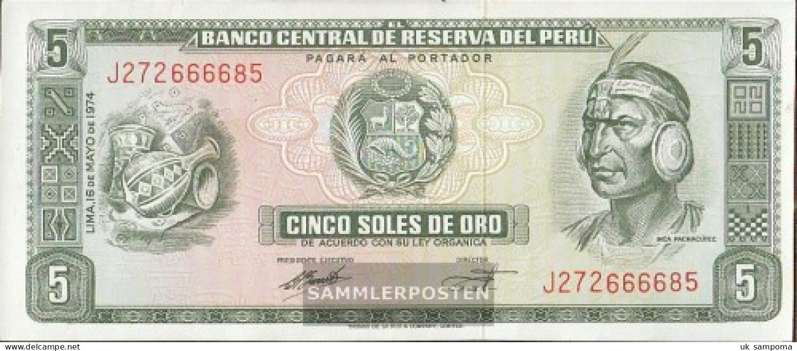 Peru Pick-number: 99c (05/1974) Uncirculated 1974 5 Soles - Peru