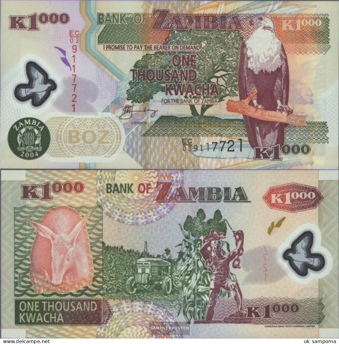 Sambia Pick-number: 44c Uncirculated 2004 1.000 Kwacha (plastic) - Zambia