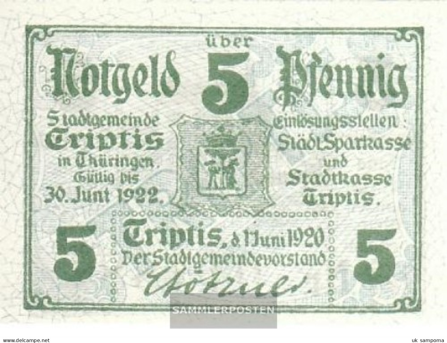 Triptis Notgeld The City Triptis Uncirculated 1920 5 Pfennig Triptis - [11] Local Banknote Issues