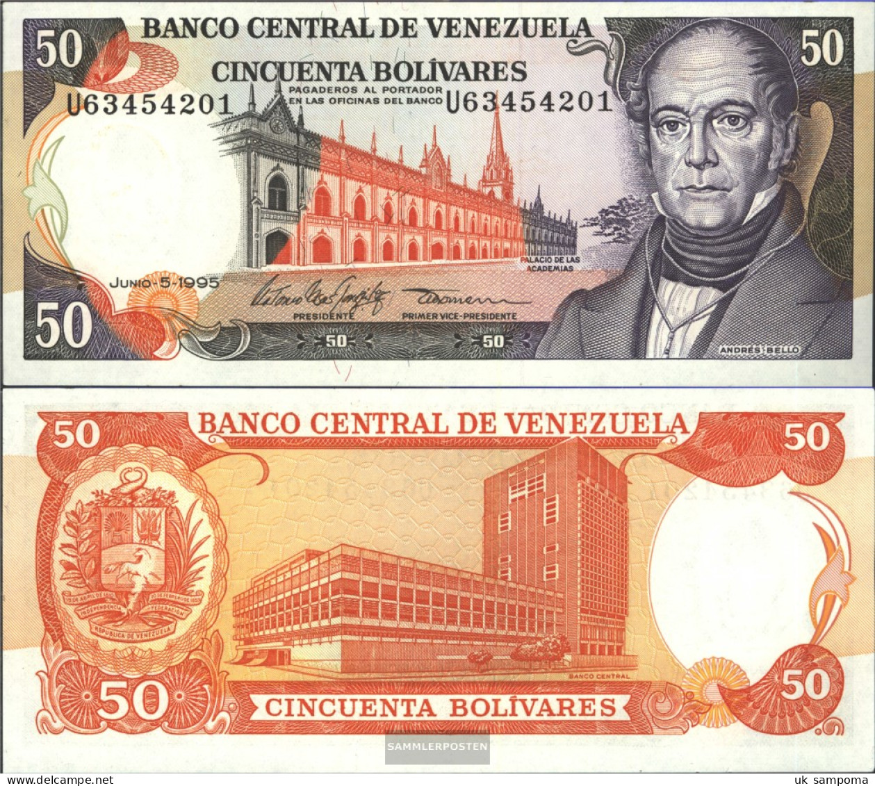 Venezuela Pick-number: 65e Uncirculated 1995 50 Bolivares - Venezuela