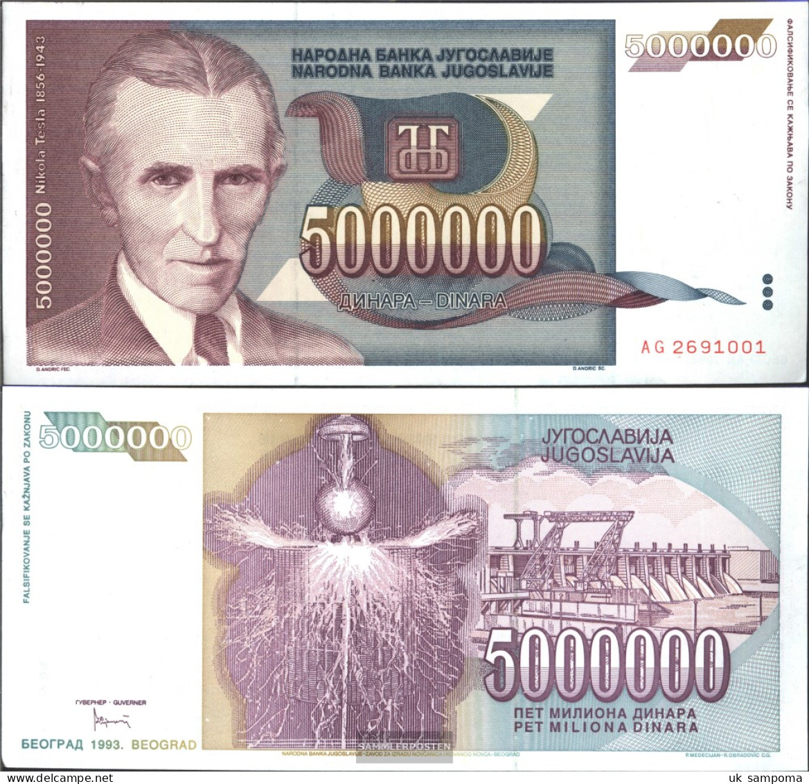 Yugoslavia Pick-number: 121 Uncirculated 1993 5 Million. Dinara - Yugoslavia