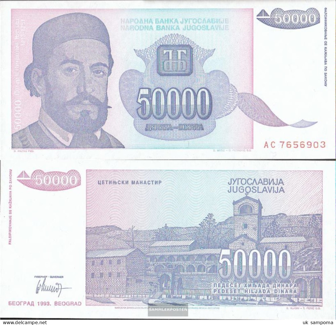 Yugoslavia Pick-number: 130 Uncirculated 1993 50.000 Dinara - Yugoslavia