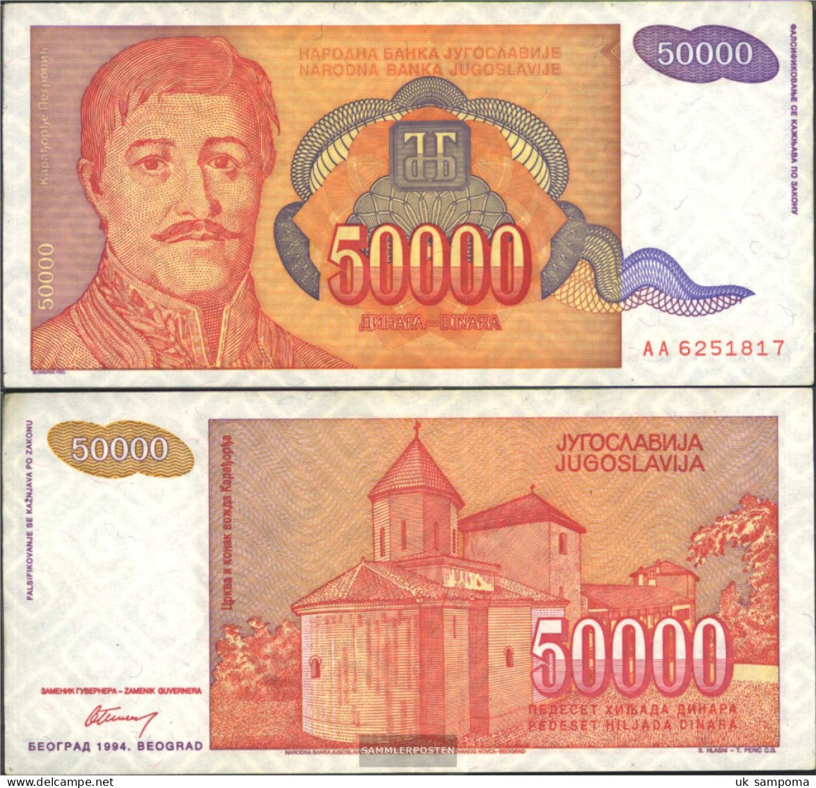 Yugoslavia Pick-number: 142a Uncirculated 1994 50.000 Dinara - Yugoslavia