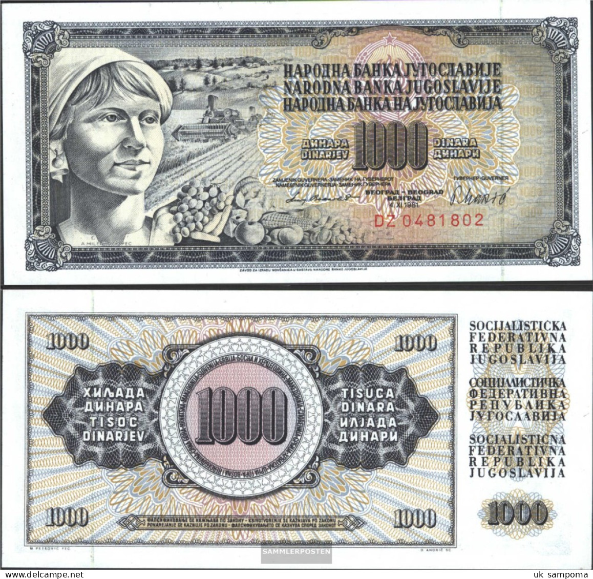 Yugoslavia Pick-number: 92d Uncirculated 1981 1.000 Dinara - Yugoslavia